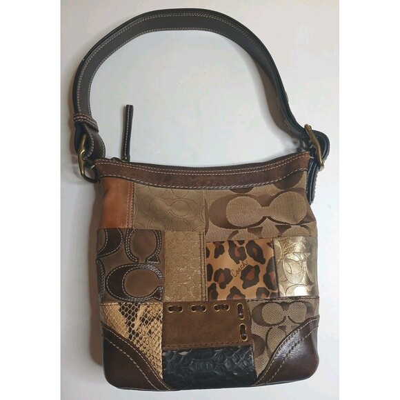 Vtg Coach Patchwork Hobo Bag Brown Leather Suede Animal Print Signature Print - Picture 2 of 16